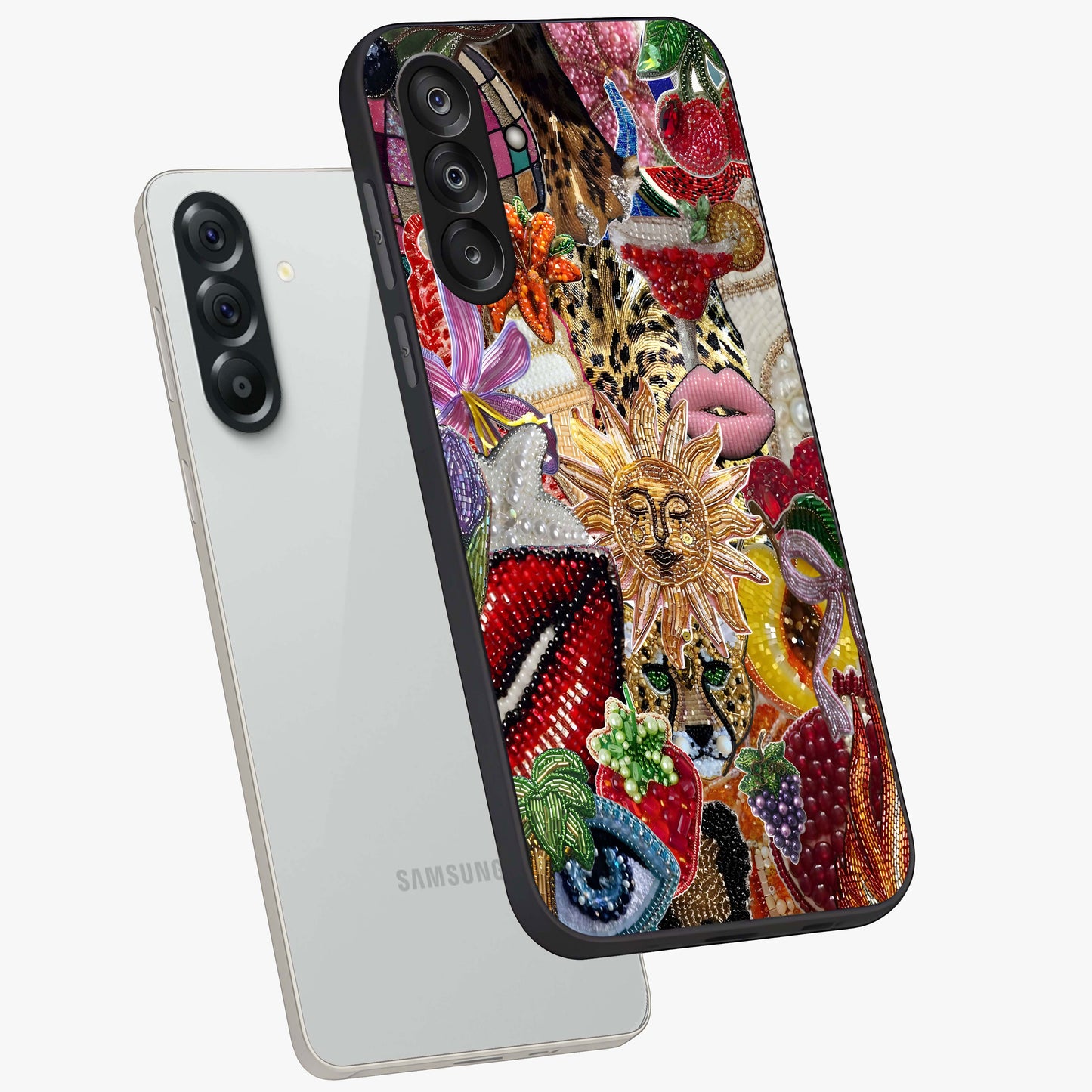 Beaded Fashion Jungle Glass Case displayed in angled mockup highlighting colorful fashion bead design and artistic pattern.