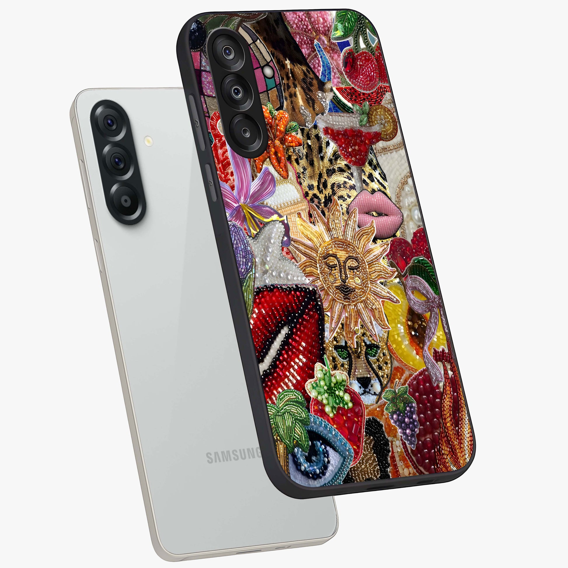 Beaded Fashion Jungle Glass Case displayed in angled mockup highlighting colorful fashion bead design and artistic pattern.
