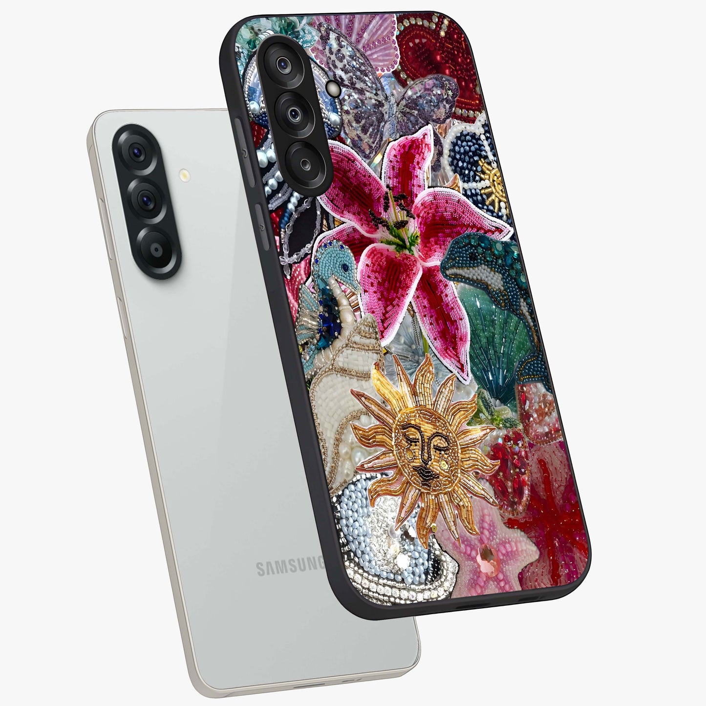 Beaded Garden Fantasy Glass Case displayed in angled mockup highlighting fantasy inspired floral bead pattern.