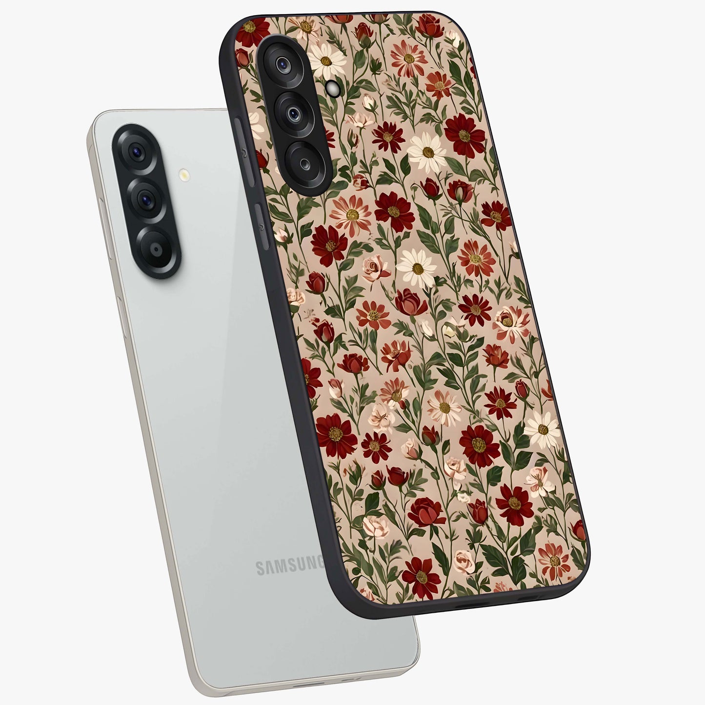 Biege Flower With Leaf Glass Case displayed in angled mockup highlighting minimal floral leaf design and elegant aesthetic.