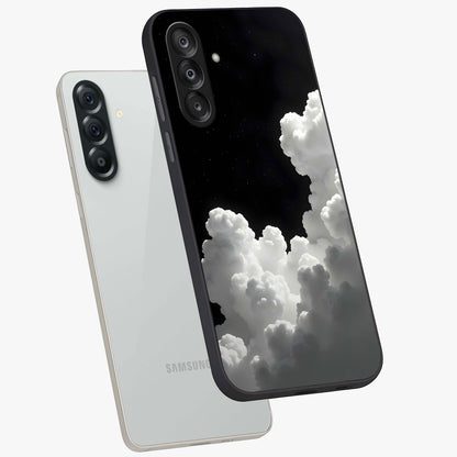 Black Background With White Cloud Glass Case displayed in angled mockup highlighting soft white cloud illustration and minimal design.