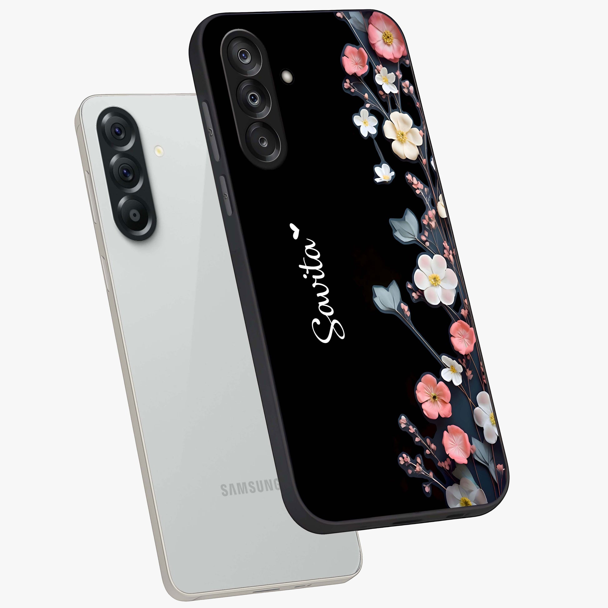 Black Elegance Floral Custom Name Glass Case displayed in angled mockup highlighting dark floral aesthetic and custom name feature.