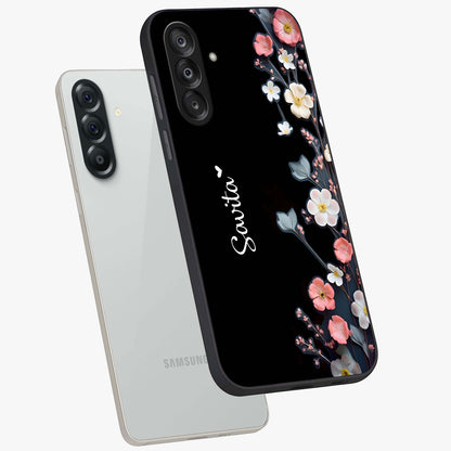 Black Elegance Floral Custom Name Glass Case displayed in angled mockup highlighting dark floral aesthetic and custom name feature.