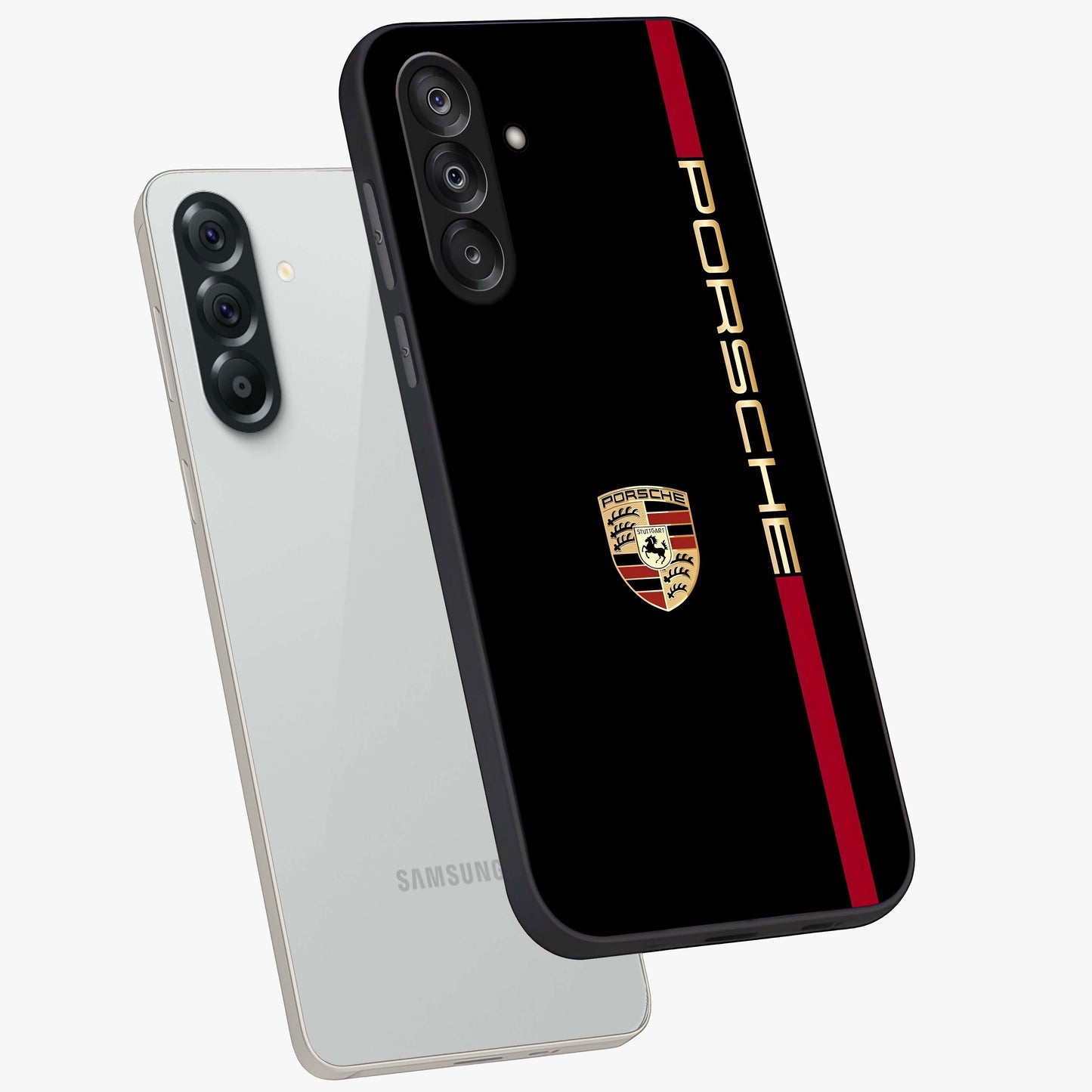 Black Minimal Porsche Glass Case displayed in angled mockup highlighting modern minimal car illustration and clean aesthetic design.
