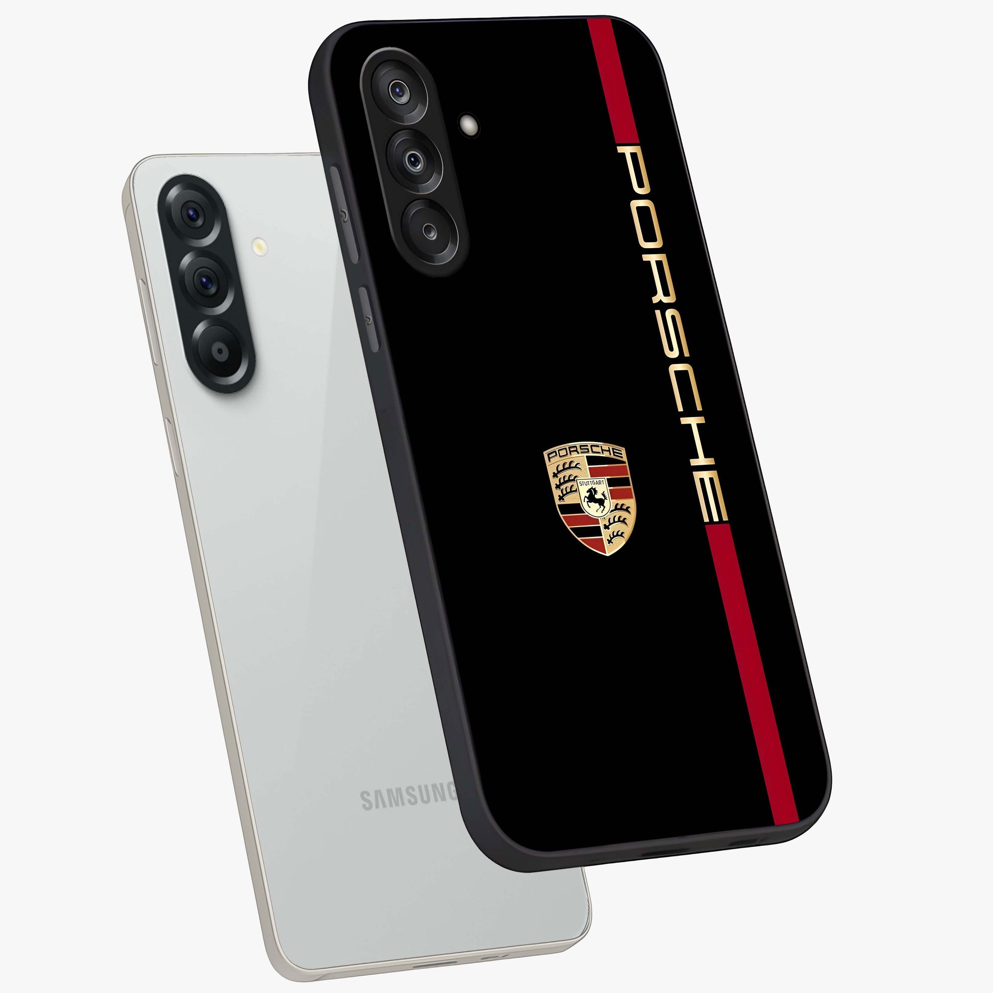 Black Minimal Porsche Glass Case displayed in angled mockup highlighting modern minimal car illustration and clean aesthetic design.