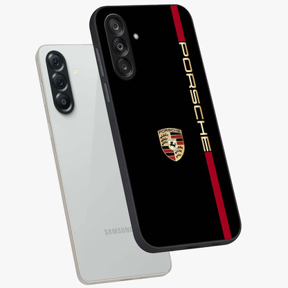 Black Minimal Porsche Glass Case displayed in angled mockup highlighting modern minimal car illustration and clean aesthetic design.