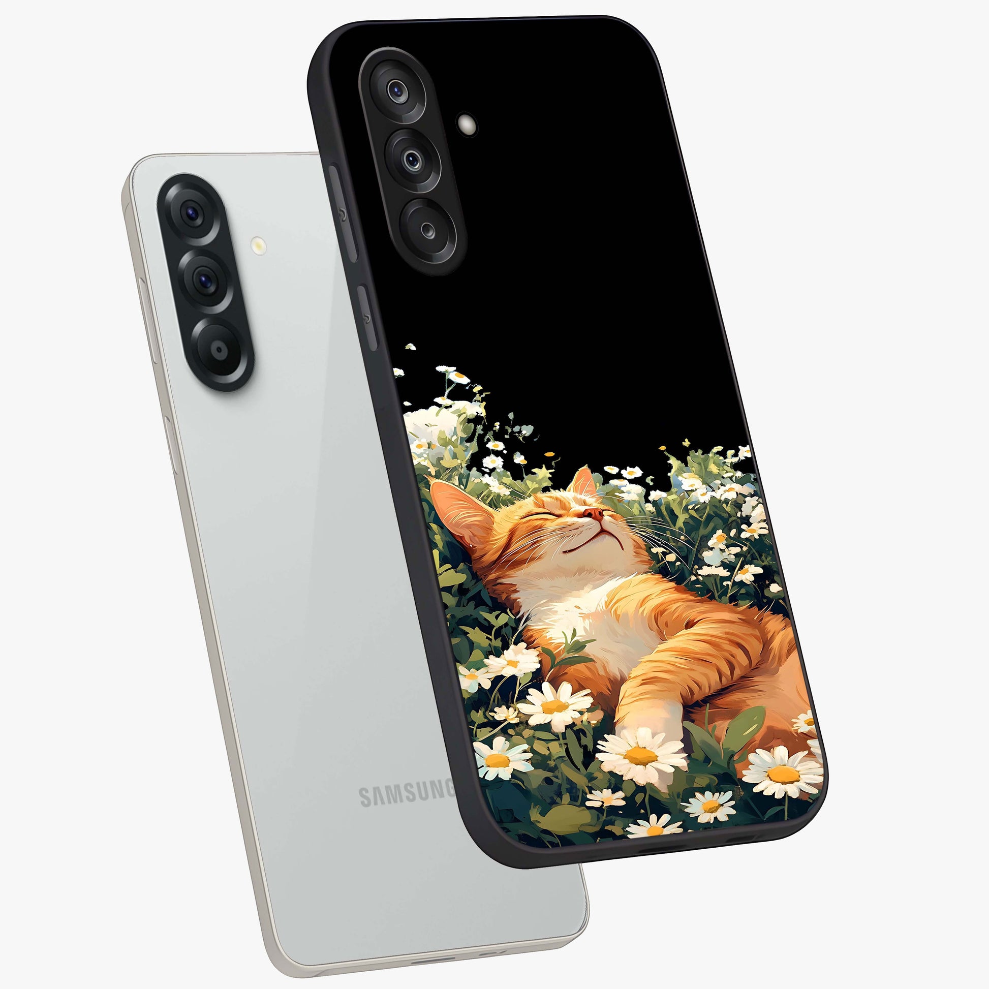 Blissful Bloom Cat Glass Case displayed in angled mockup highlighting playful feline illustration with soft floral aesthetic.