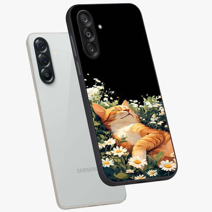 Blissful Bloom Cat Glass Case displayed in angled mockup highlighting playful feline illustration with soft floral aesthetic.