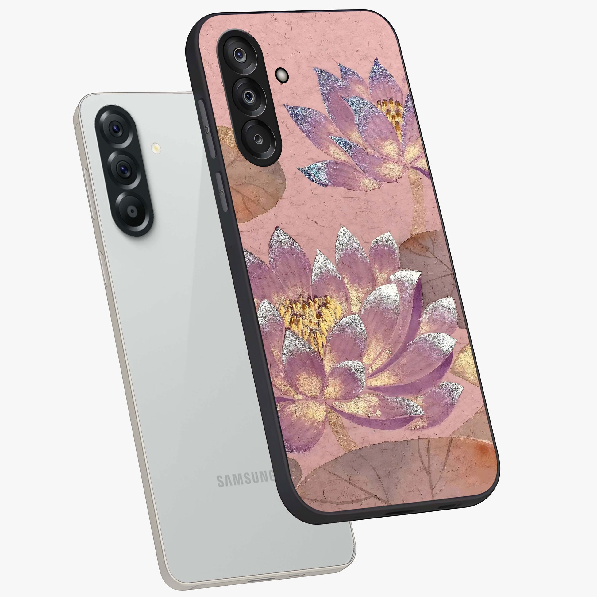 Blossom Mist Lotus Glass Case displayed in angled mockup highlighting delicate lotus illustration with calm aesthetic theme.