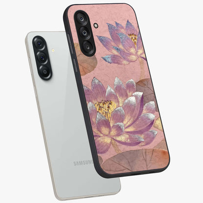 Blossom Mist Lotus Glass Case displayed in angled mockup highlighting delicate lotus illustration with calm aesthetic theme.