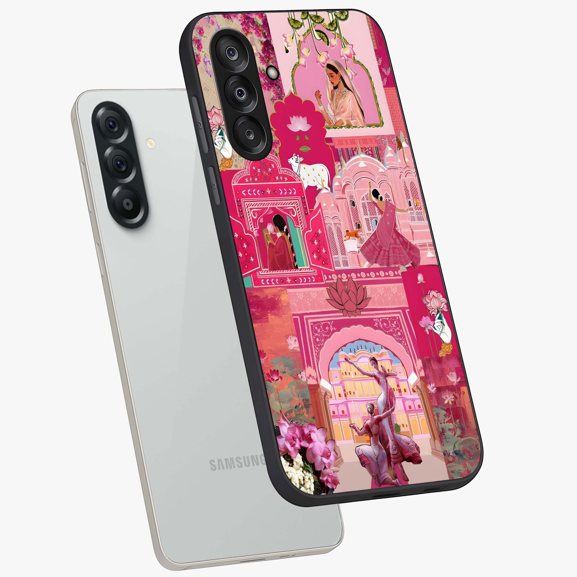 Blossoms of Rajasthan Glass Case displayed in angled mockup highlighting vibrant floral pattern with cultural aesthetic style.