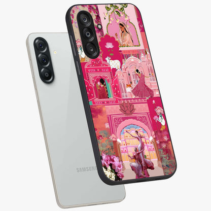 Blossoms of Rajasthan Glass Case displayed in angled mockup highlighting vibrant floral pattern with cultural aesthetic style.