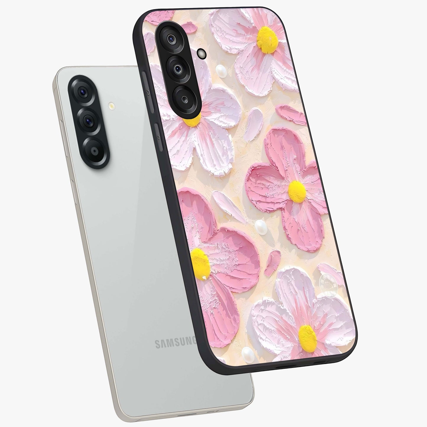 Blush Bloom Texture Glass Case displayed in angled mockup highlighting subtle bloom pattern with aesthetic pastel design.