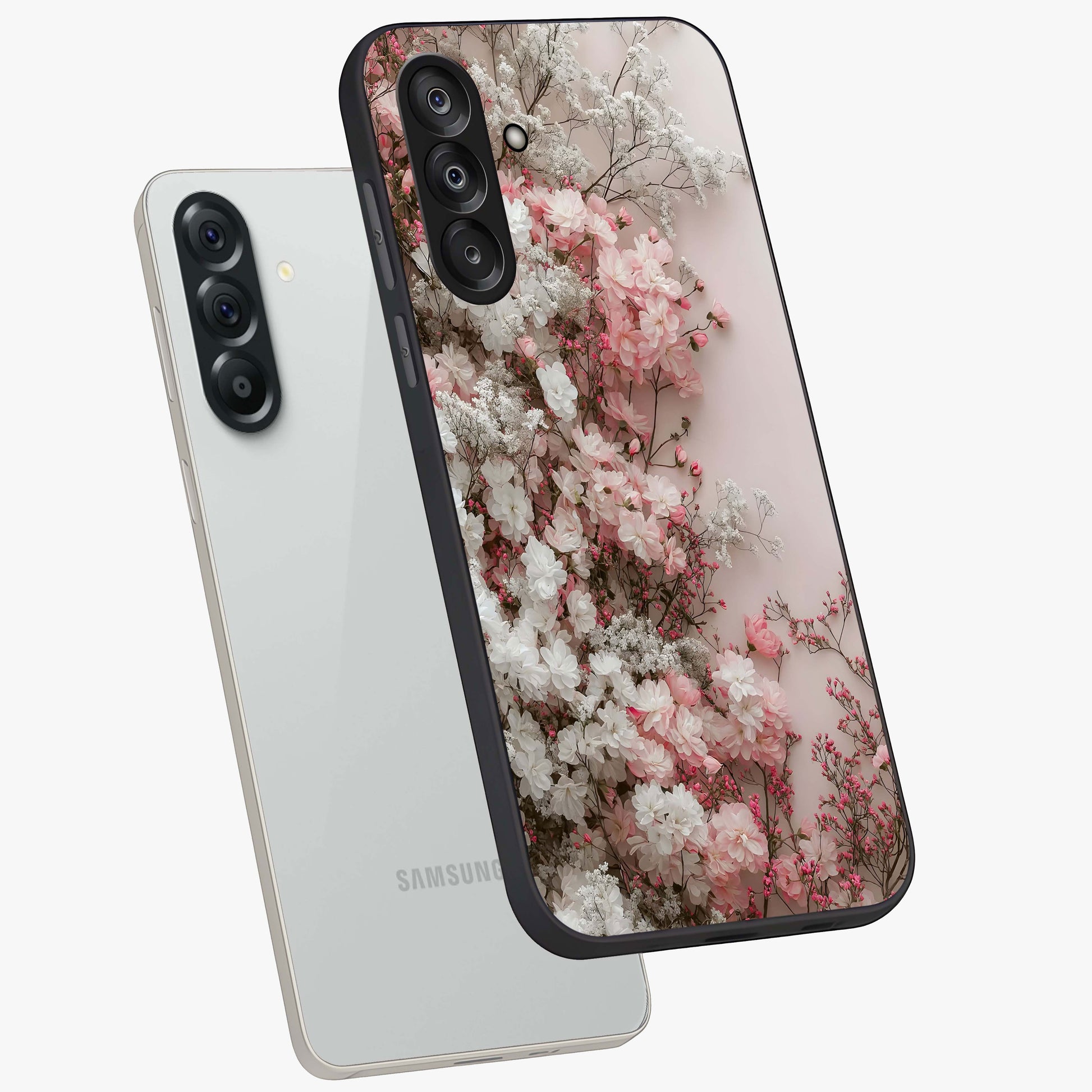 Blush Blossom Cloud Glass Case displayed in angled mockup highlighting soft cloud and blossom design with pastel aesthetic.