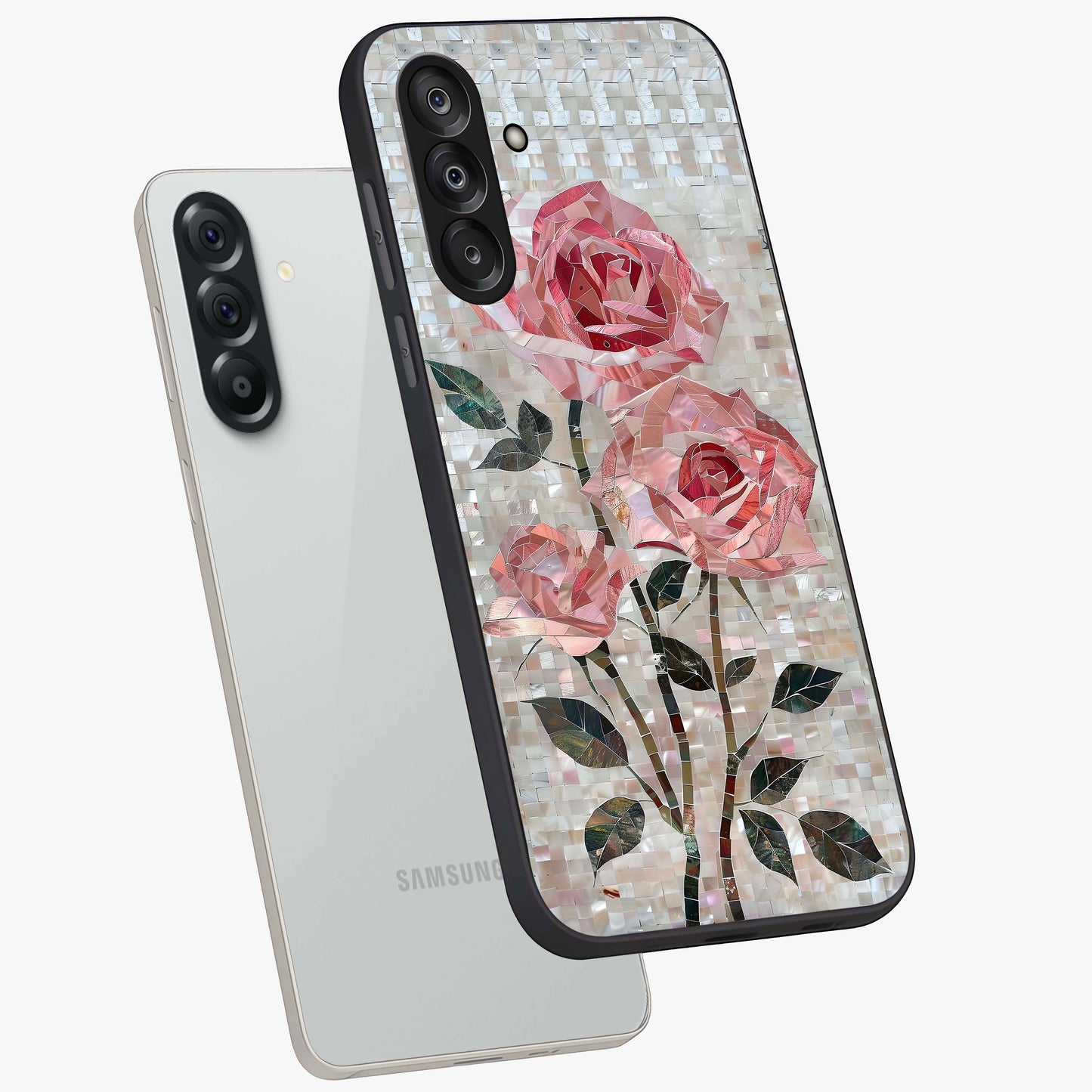 Blush Mosaic Bloom Glass Case displayed in angled mockup highlighting artistic mosaic flower pattern with aesthetic design.