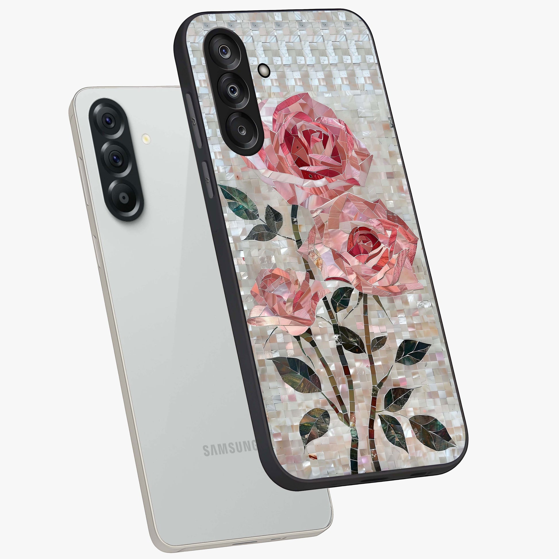 Blush Mosaic Bloom Glass Case displayed in angled mockup highlighting artistic mosaic flower pattern with aesthetic design.