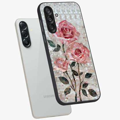 Blush Mosaic Bloom Glass Case displayed in angled mockup highlighting artistic mosaic flower pattern with aesthetic design.