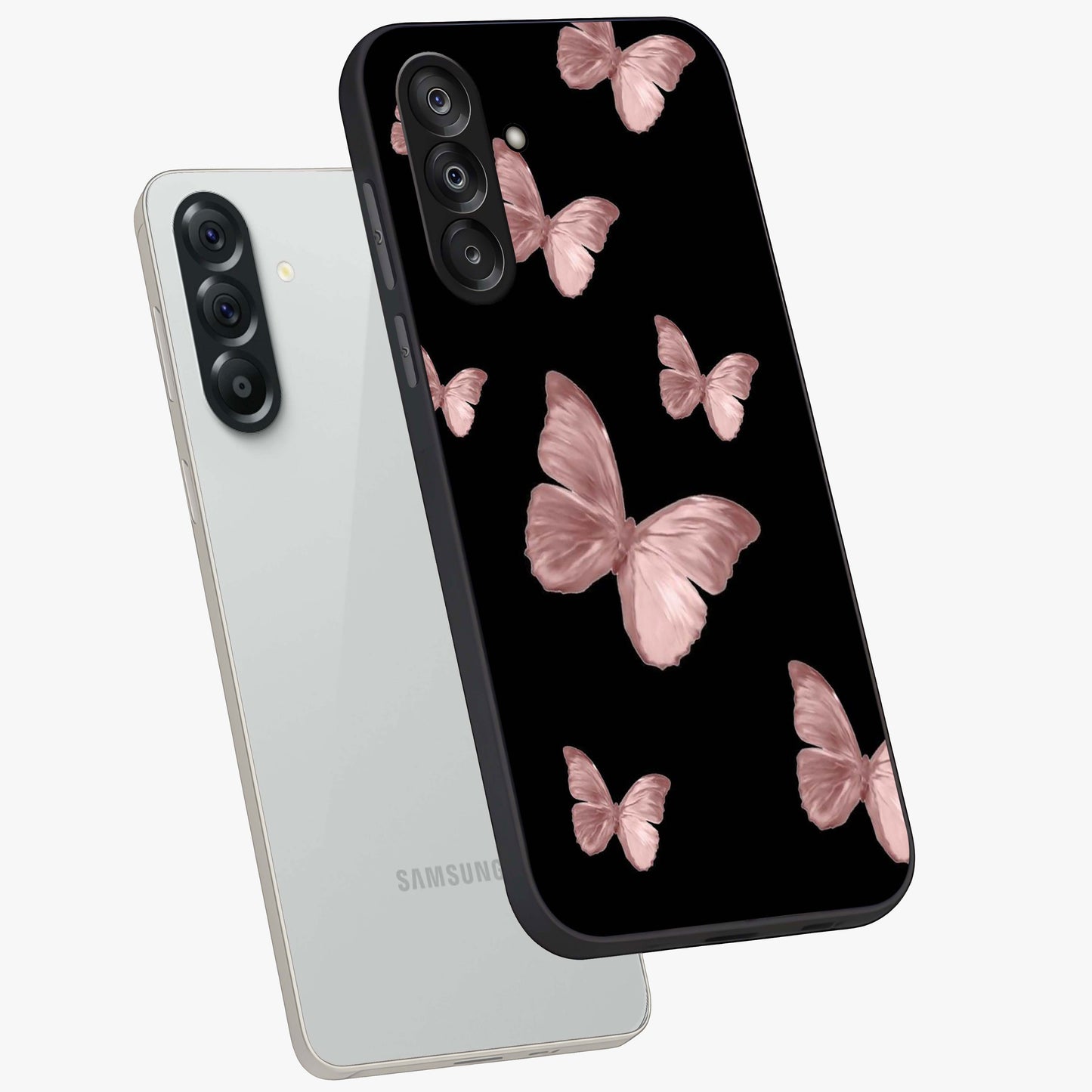 Butterfly Pattern Glass Case displayed in angled mockup highlighting delicate butterfly design and aesthetic pattern style.