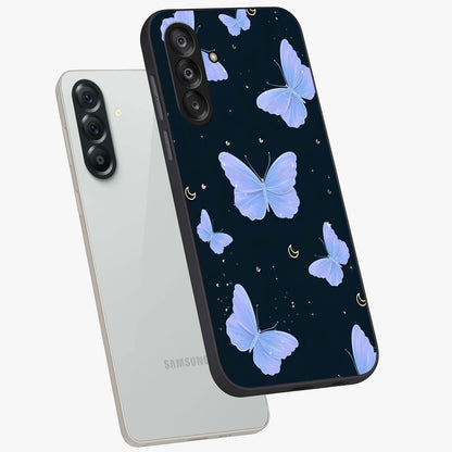 Butterfly With Stars Pattern Glass Case displayed in angled mockup highlighting dreamy butterfly and star design with aesthetic theme.