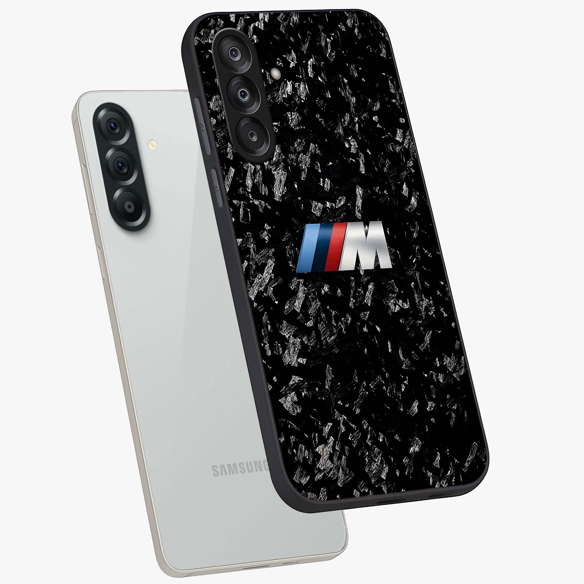 Carbon Speed Mark Glass Case displayed in angled mockup highlighting racing inspired carbon design and sleek aesthetic style.