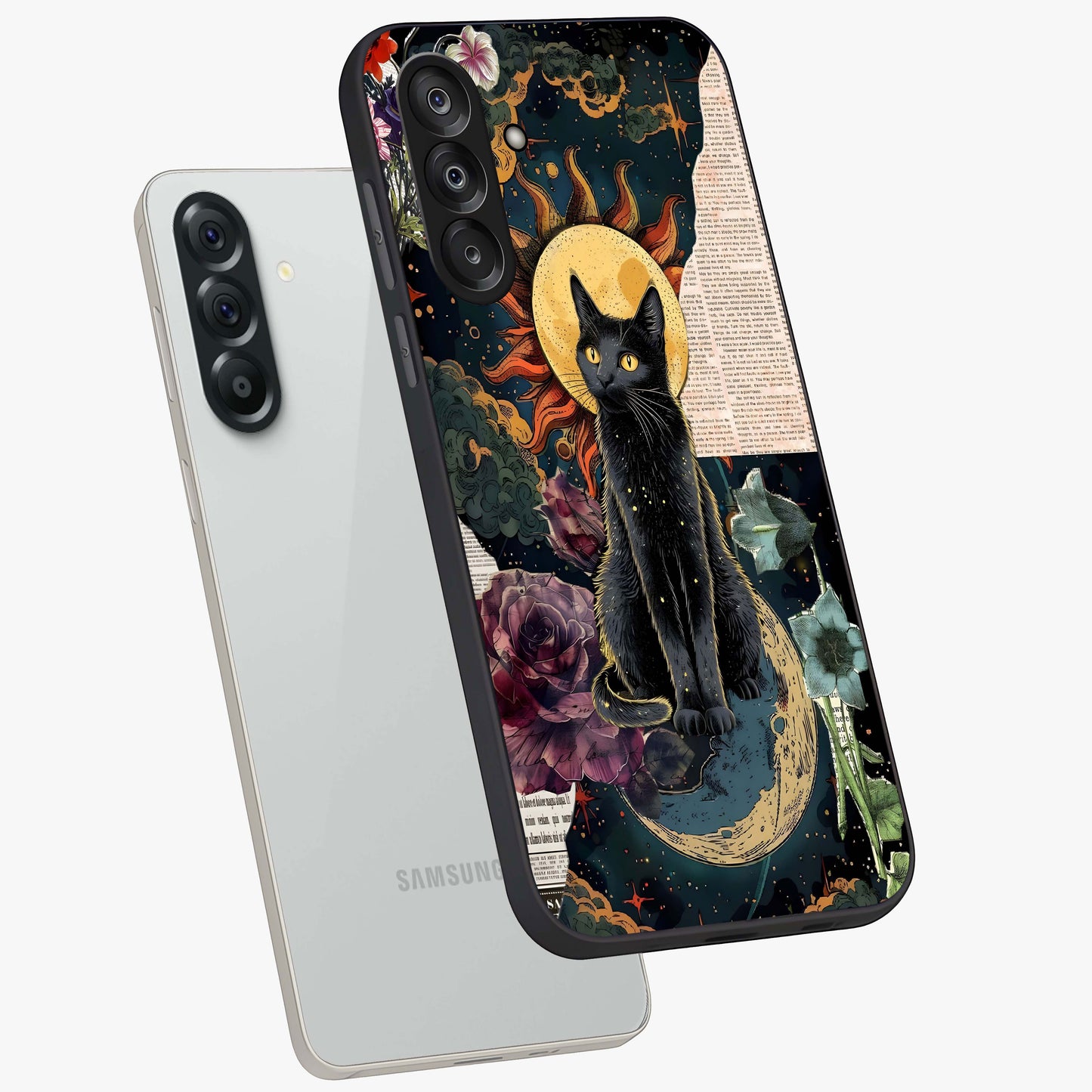 Celestial Black Cat Glass Case displayed in angled mockup highlighting cosmic black cat design with celestial aesthetic.