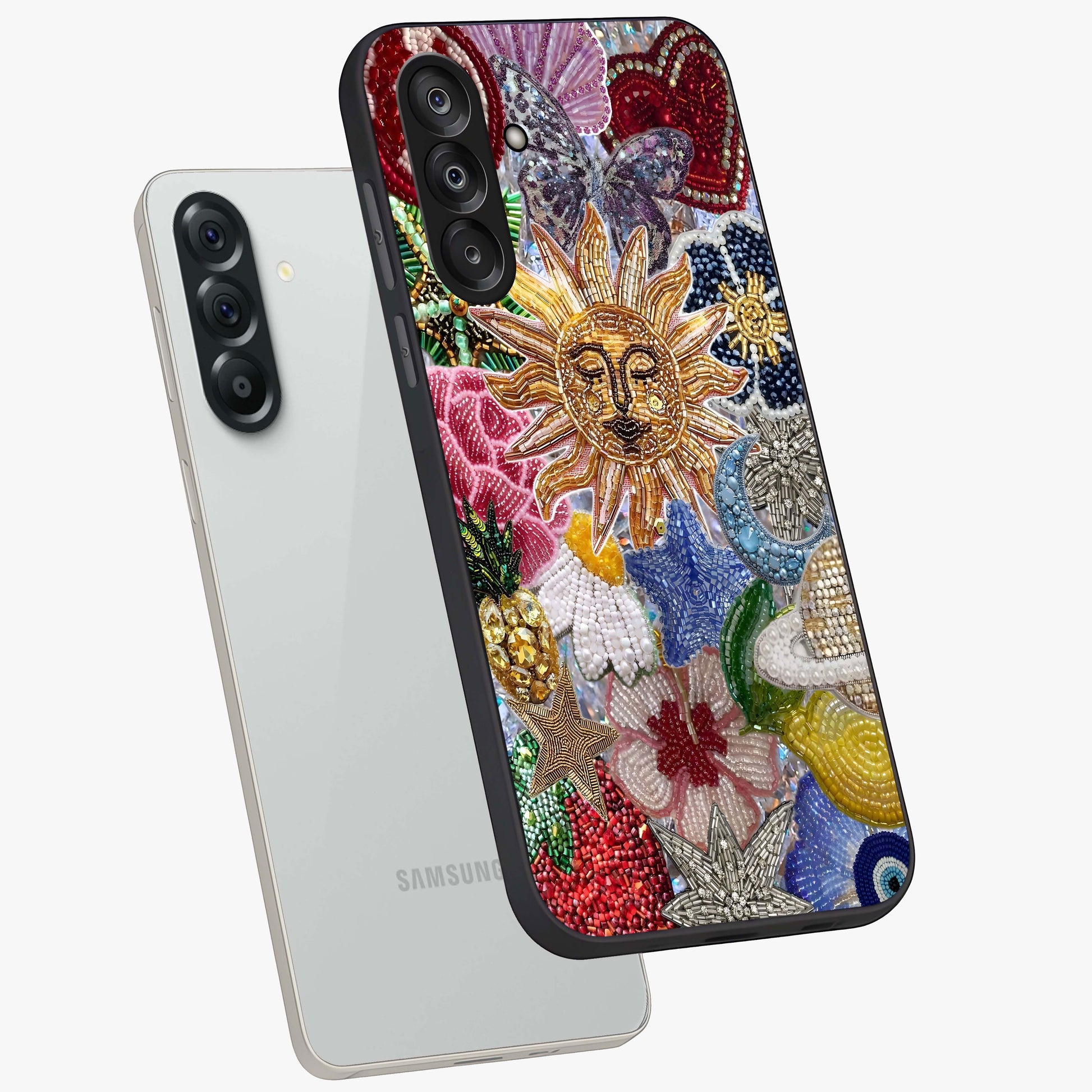 Celestial Floral and Playful Glass Case displayed in angled mockup highlighting playful floral design with dreamy celestial elements.