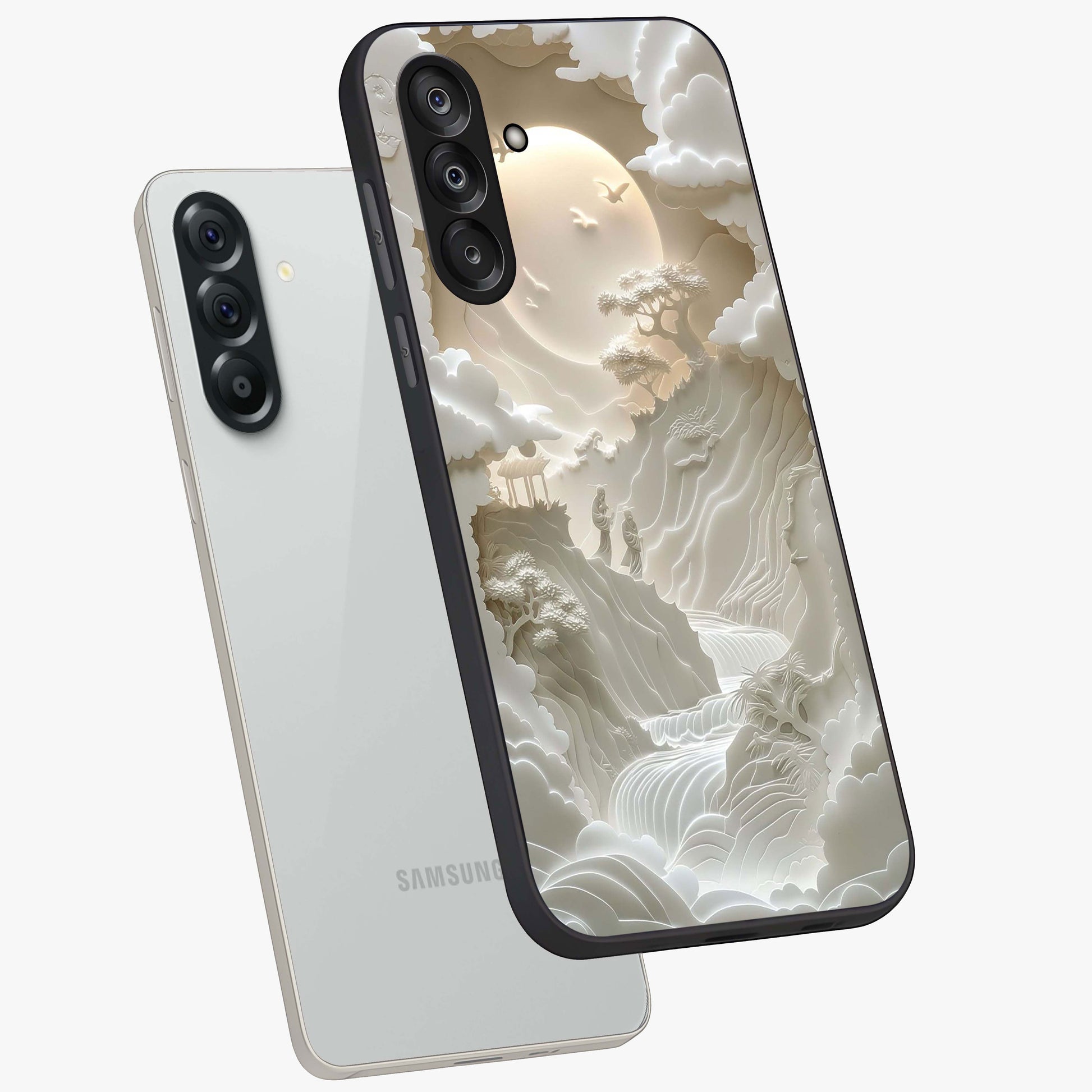 Celestial Origami Glass Case displayed in angled mockup highlighting geometric origami design with cosmic aesthetic theme.