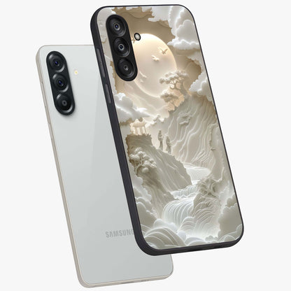 Celestial Origami Glass Case displayed in angled mockup highlighting geometric origami design with cosmic aesthetic theme.