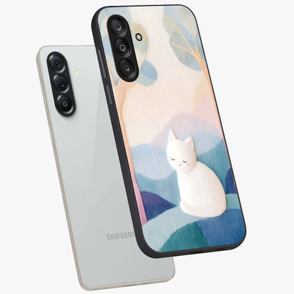 Cotton Dream Cat Glass Case displayed in angled mockup highlighting cute feline illustration with pastel aesthetic style.