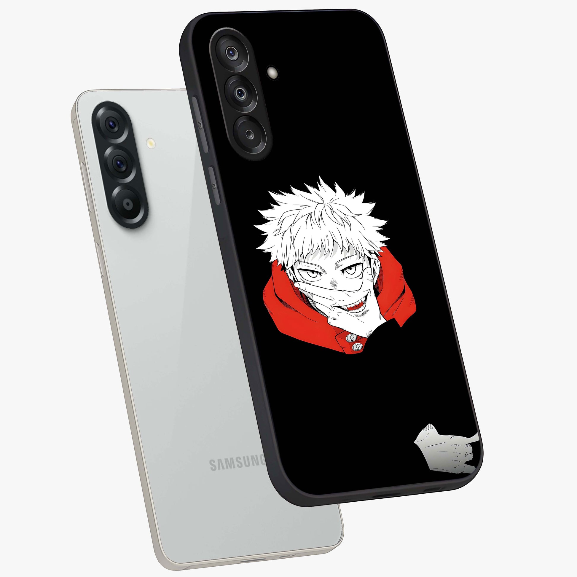 Crimson Chaos Smile Glass Case displayed in angled mockup highlighting edgy crimson smile design with graphic aesthetic.