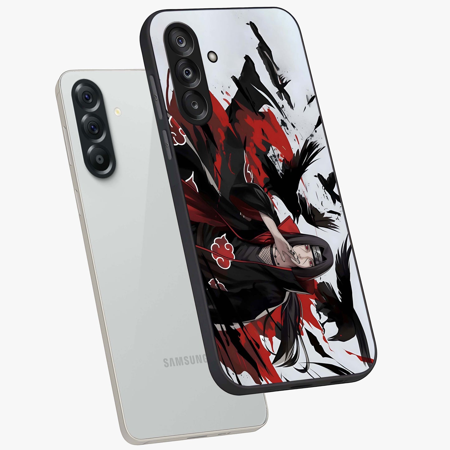 Crimson Crow Illusion Glass Case displayed in angled mockup highlighting mysterious crow graphic with dark aesthetic style.