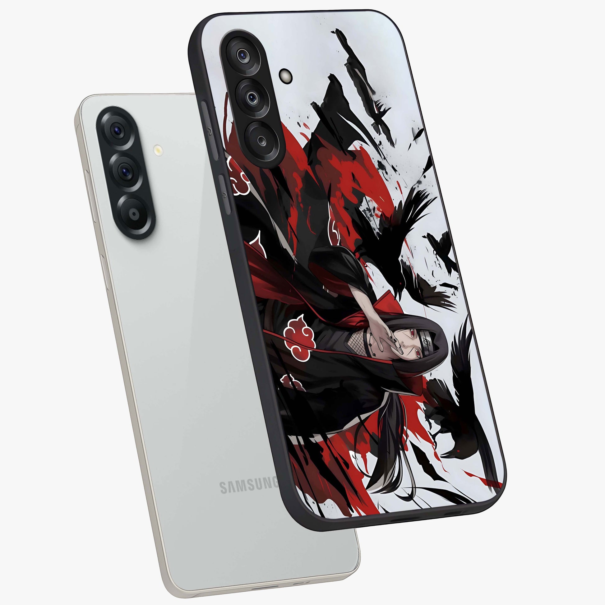 Crimson Crow Illusion Glass Case displayed in angled mockup highlighting mysterious crow graphic with dark aesthetic style.