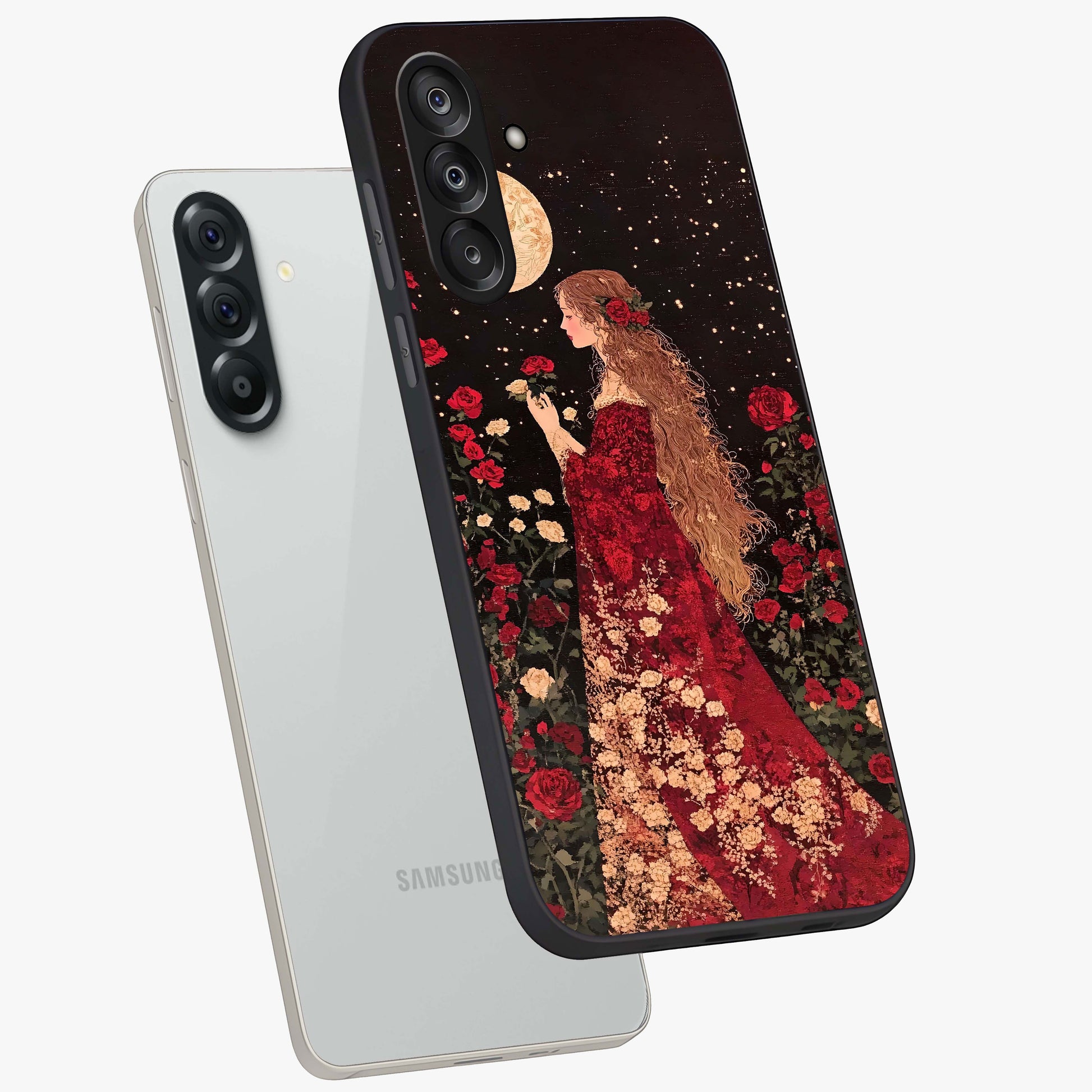 Crimson Dreams Glass Case displayed in angled mockup highlighting soft crimson aesthetic design with artistic theme.