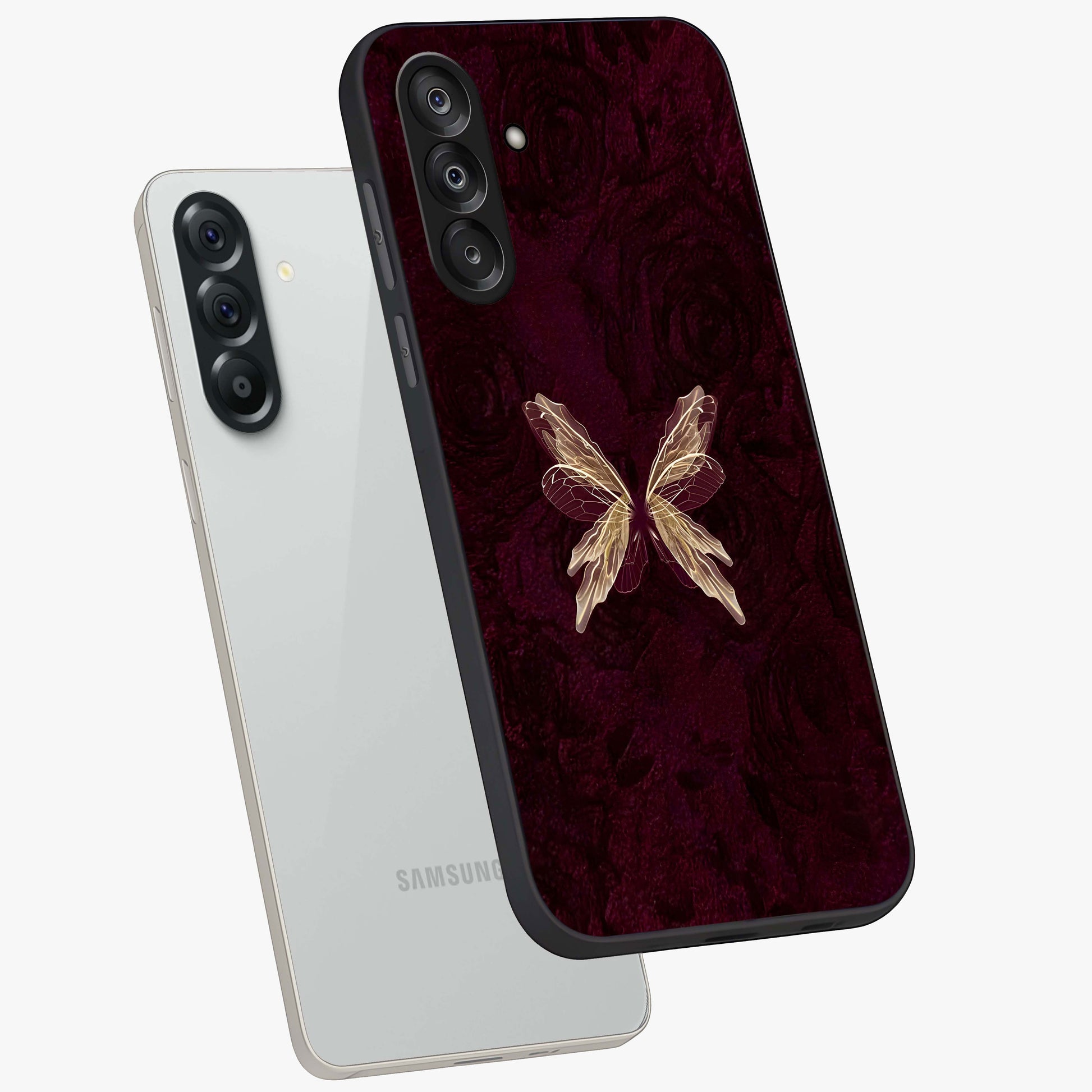 Crimson Fade Butterfly Glass Case displayed in angled mockup highlighting elegant butterfly design with crimson gradient aesthetic.