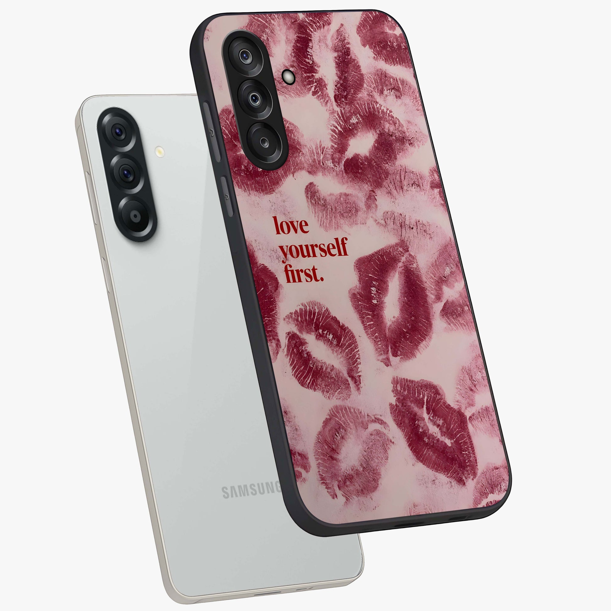 Crimson Kiss Love Glass Case displayed in angled mockup highlighting bold love inspired design with modern aesthetic style.