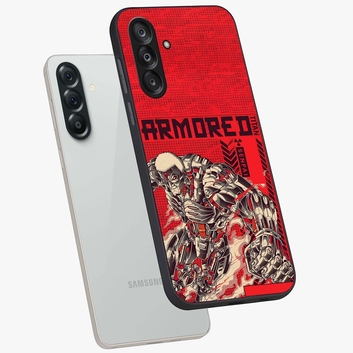 Crimson Mecha Titan Glass Case displayed in angled mockup highlighting futuristic mech illustration with bold crimson aesthetic.