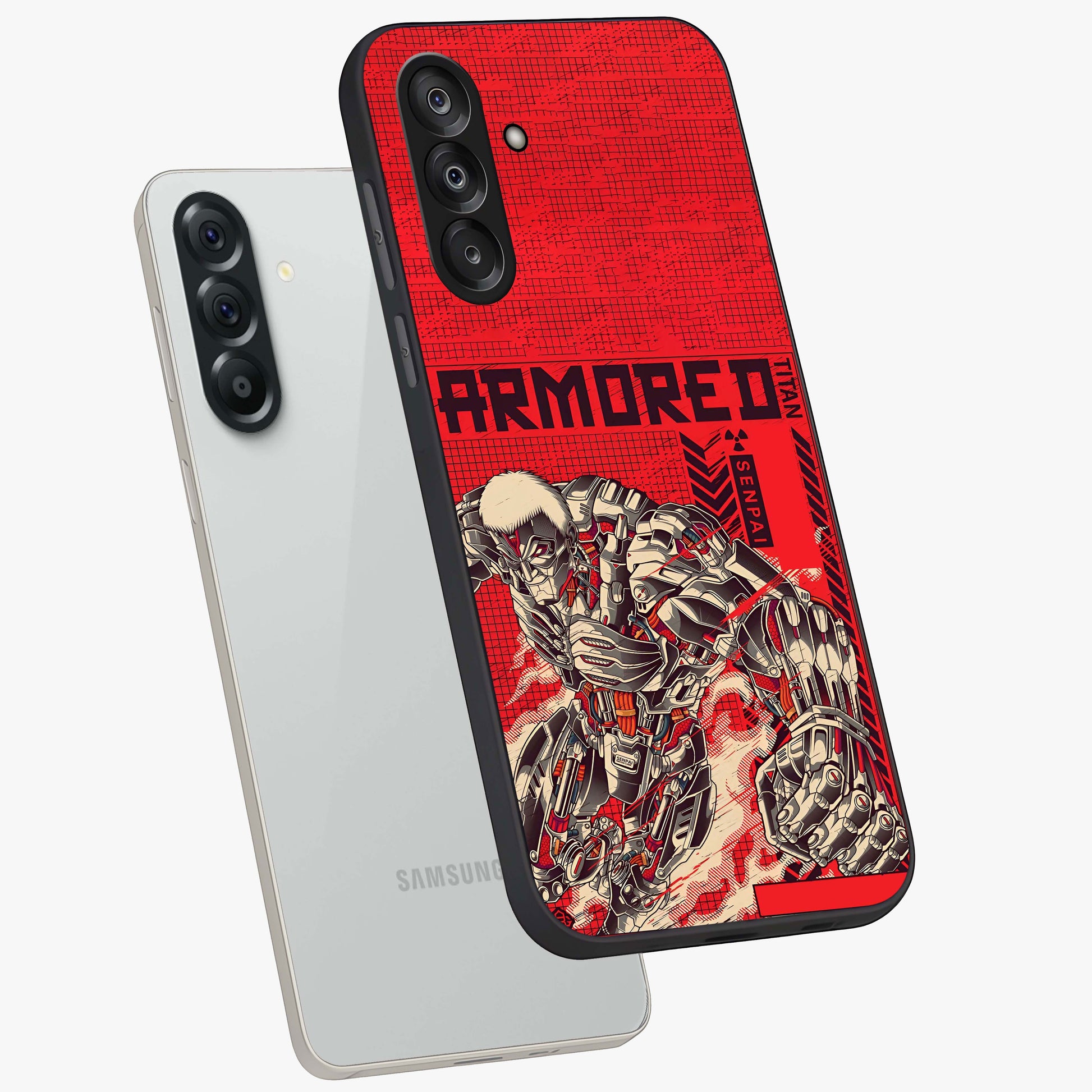 Crimson Mecha Titan Glass Case displayed in angled mockup highlighting futuristic mech illustration with bold crimson aesthetic.