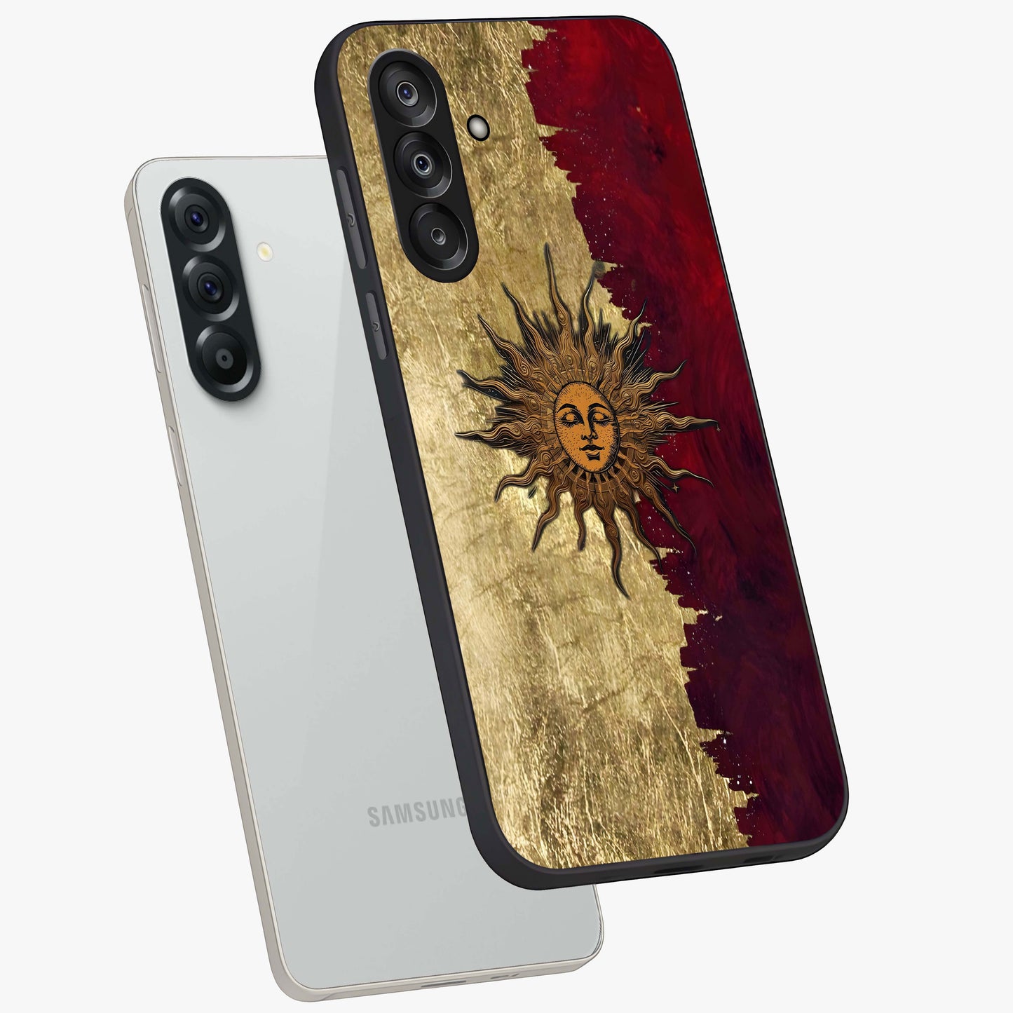 Crimson Sun Majesty Glass Case displayed in angled mockup highlighting majestic crimson sun design with bold aesthetic style.