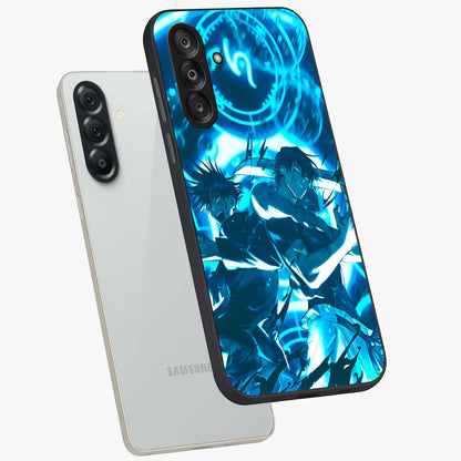 Cursed Energy Clash Glass Case displayed in angled mockup highlighting powerful battle inspired graphic with anime style aesthetic.