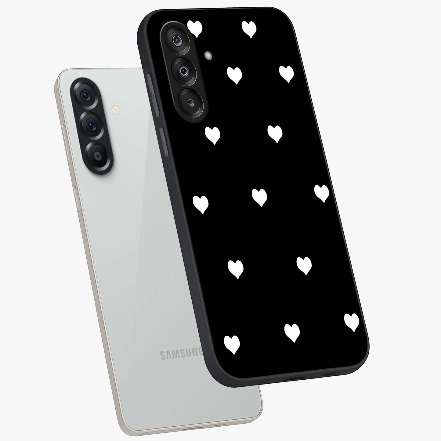 Cute And Simple White Hearts Glass Case displayed in angled mockup highlighting cute heart design with clean aesthetic style.