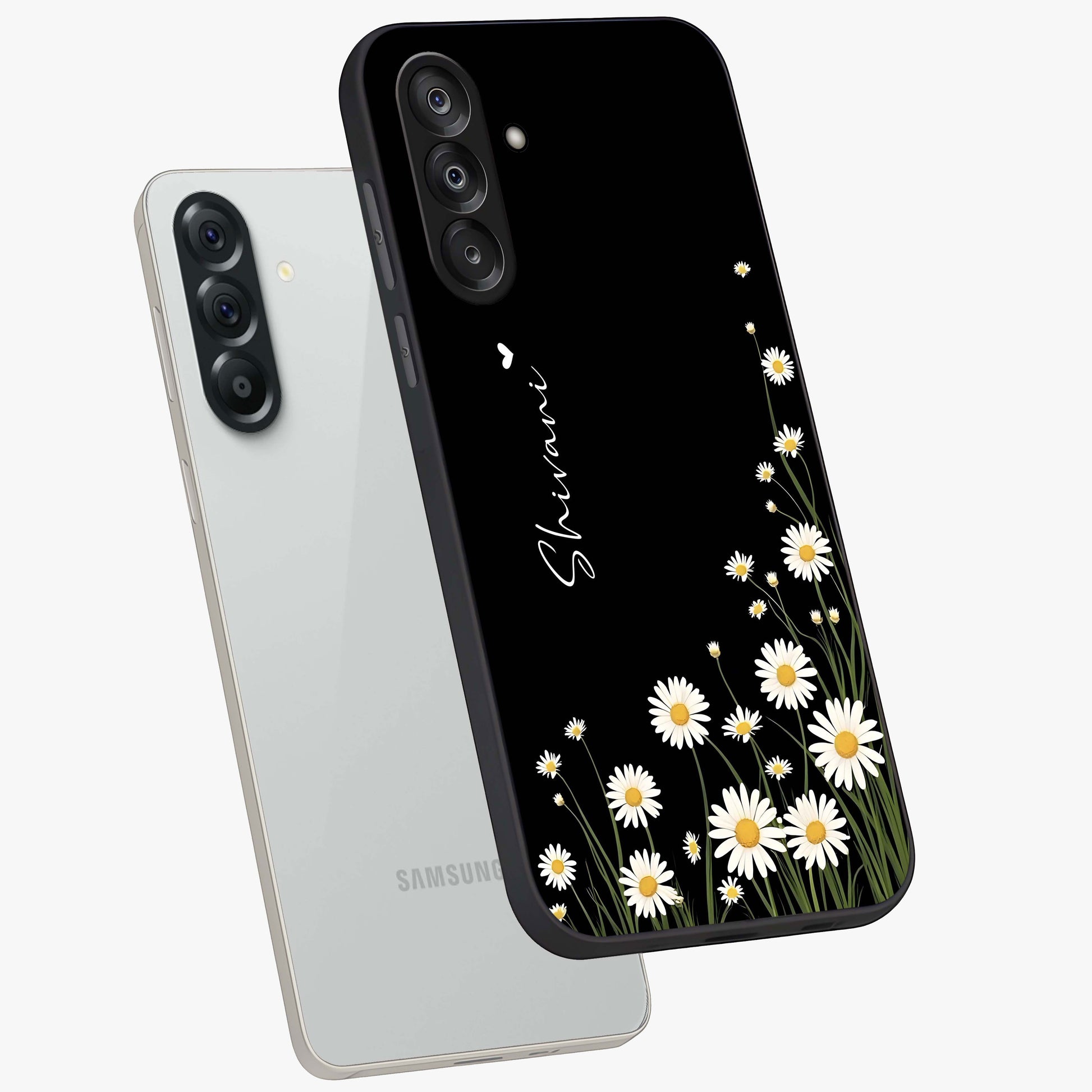 Daisy Cascade Custom Name Glass Case displayed in angled mockup highlighting delicate daisy artwork with custom name feature.