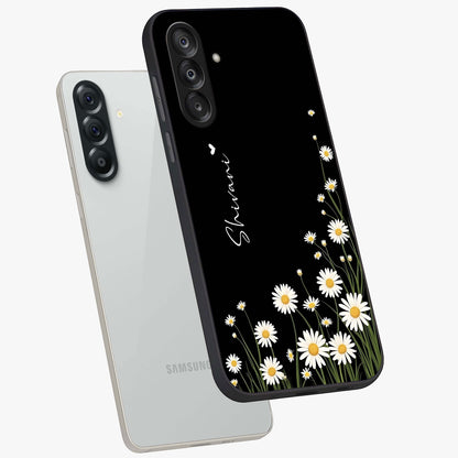 Daisy Cascade Custom Name Glass Case displayed in angled mockup highlighting delicate daisy artwork with custom name feature.