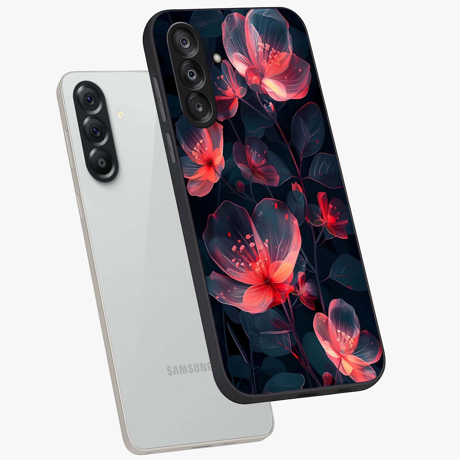 Dark Shade of Flower Glass Case displayed in angled mockup highlighting moody floral illustration with aesthetic dark tones.