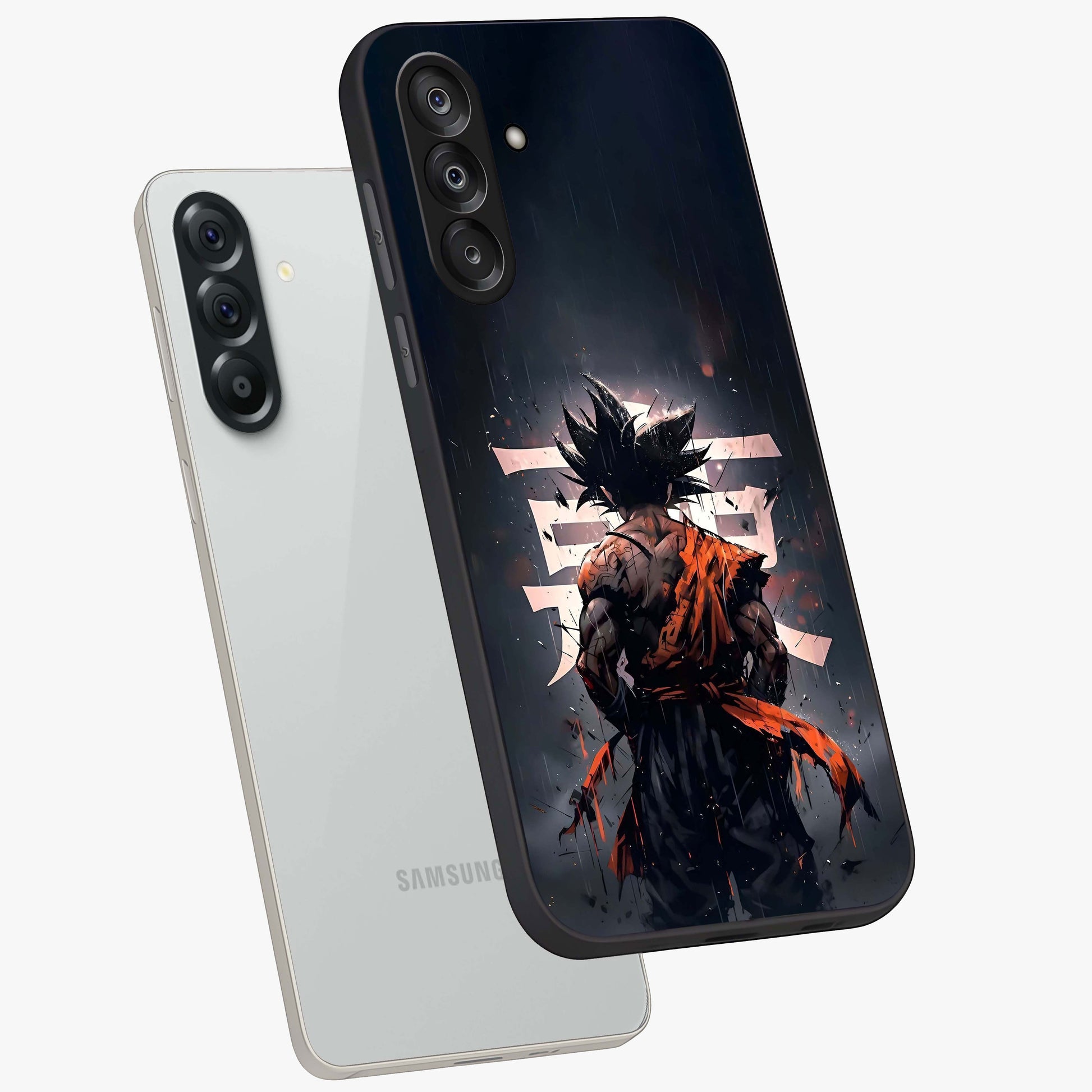 Dark Warrior In Rain Glass Case displayed in angled mockup highlighting dramatic warrior illustration with dark rain aesthetic.