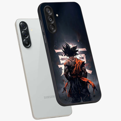 Dark Warrior In Rain Glass Case displayed in angled mockup highlighting dramatic warrior illustration with dark rain aesthetic.