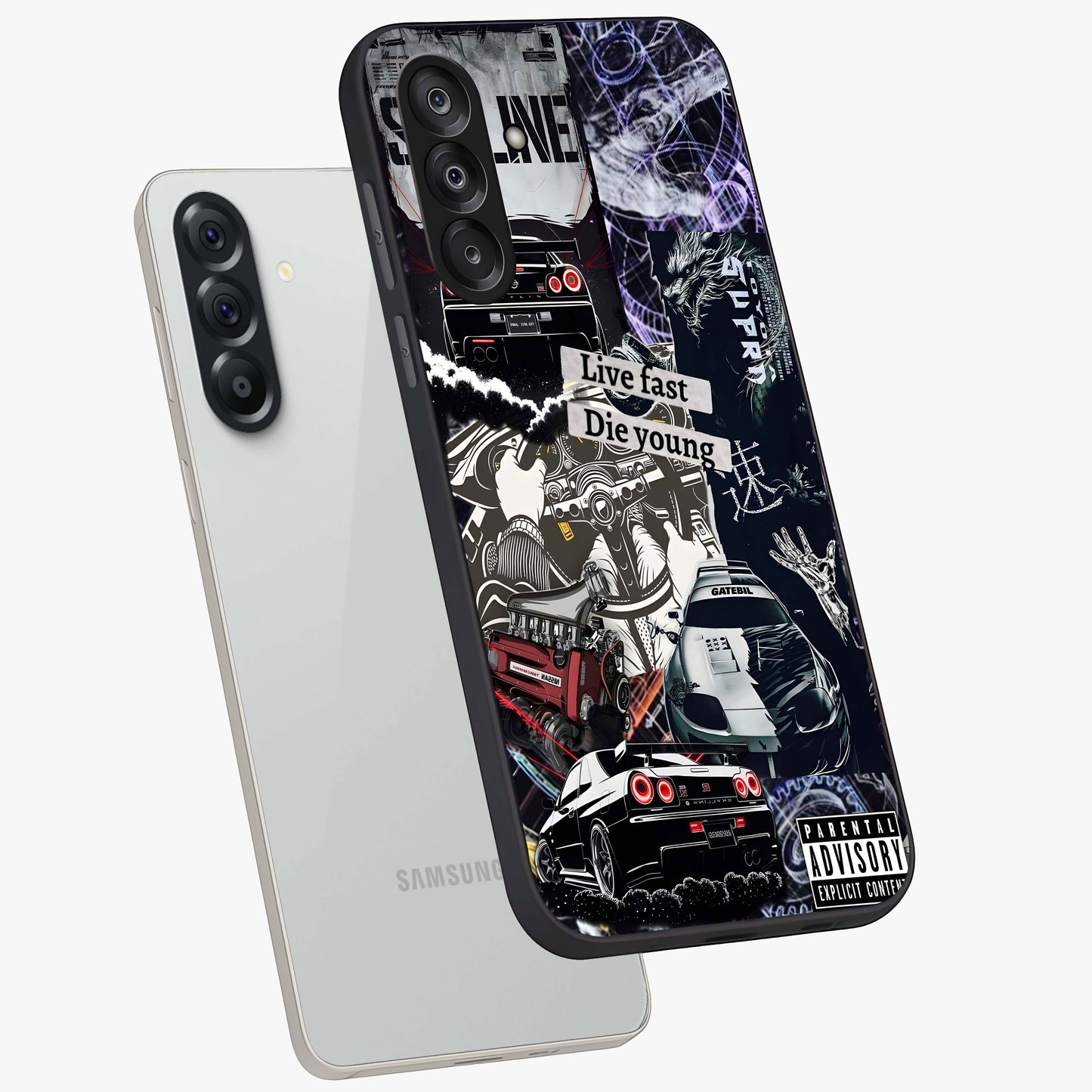 Die Young Glass Case displayed in angled mockup highlighting expressive graphic artwork with edgy aesthetic style.