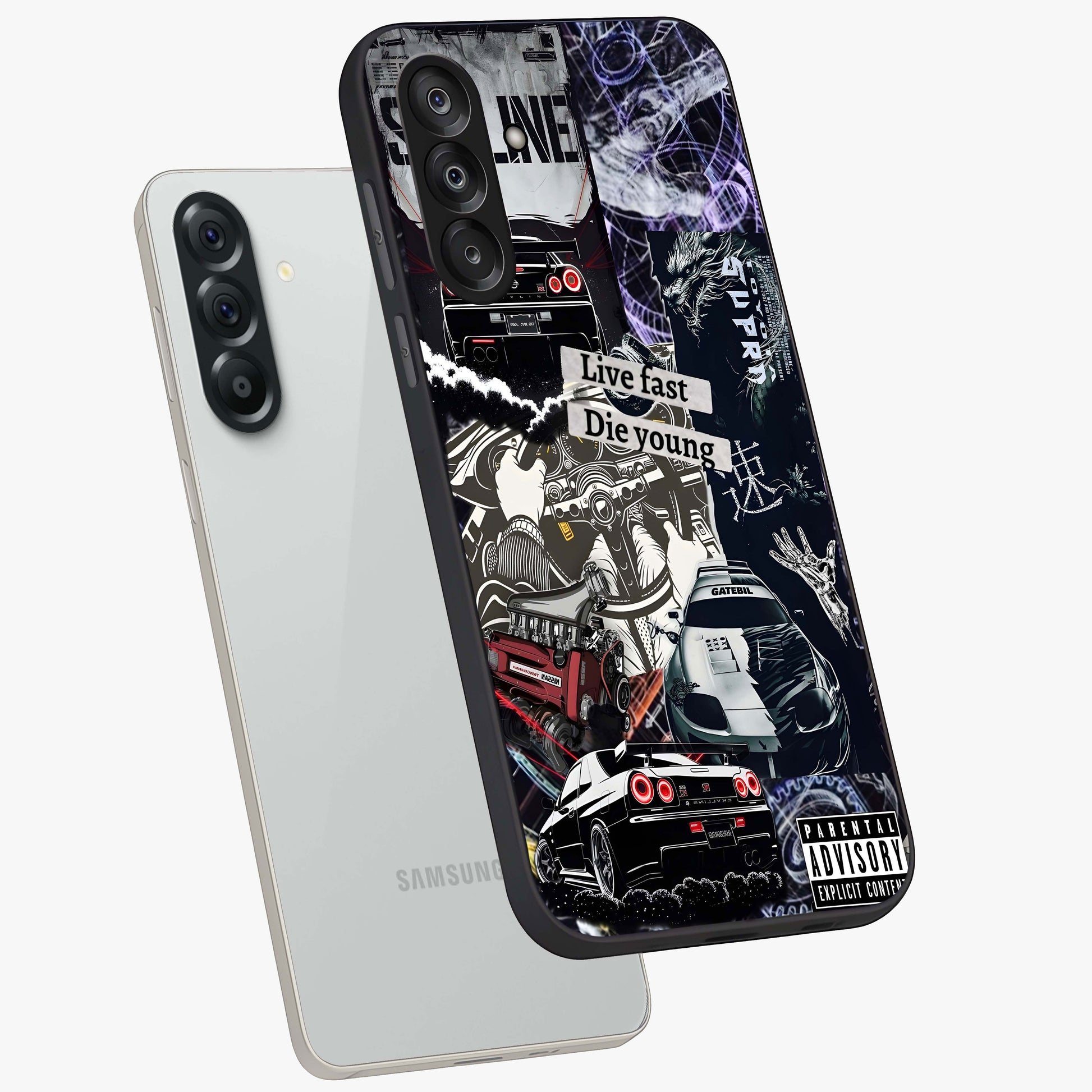 Die Young Glass Case displayed in angled mockup highlighting expressive graphic artwork with edgy aesthetic style.