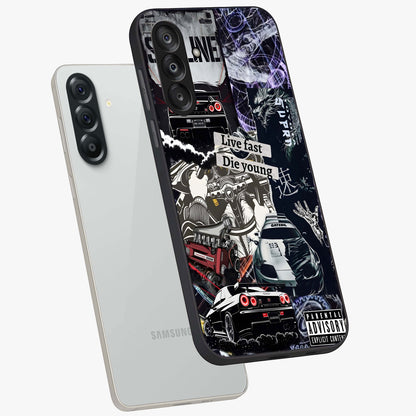 Die Young Glass Case displayed in angled mockup highlighting expressive graphic artwork with edgy aesthetic style.