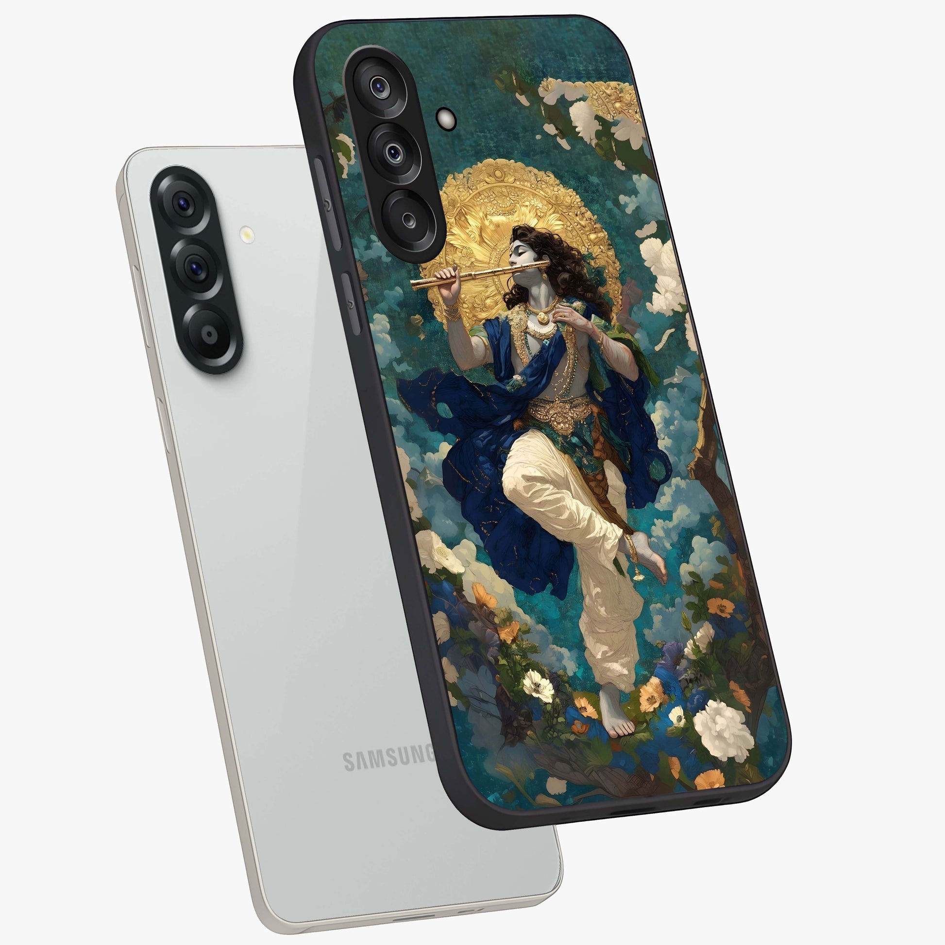 Divine Krishna Art Glass Case displayed in angled mockup highlighting spiritual Krishna illustration with devotional aesthetic.