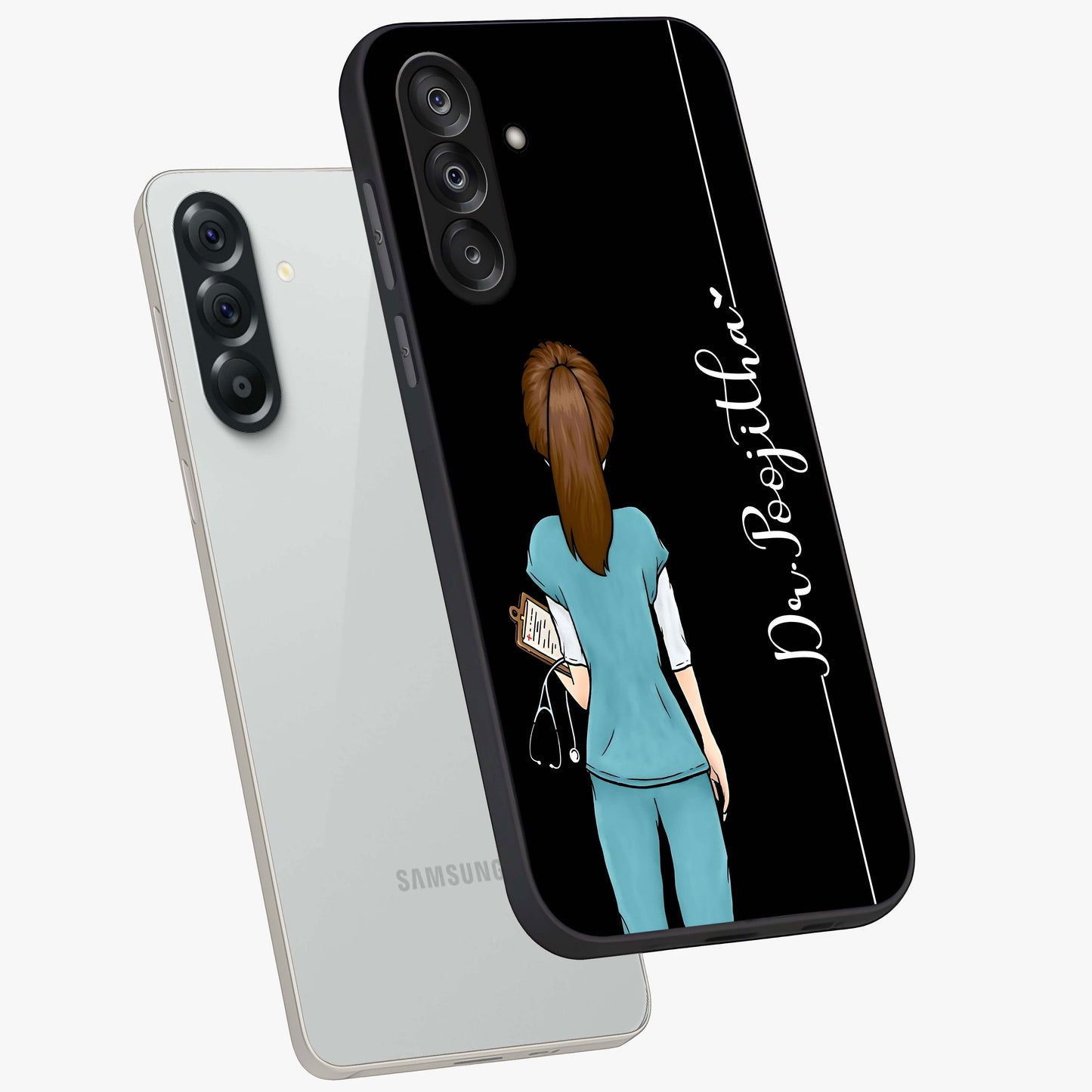 Doctor Pattern Custom Name Glass Case displayed in angled mockup highlighting doctor inspired artwork with custom name feature.